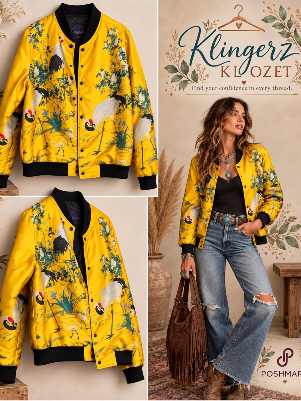 Violeta by Mango Yellow Crane Print Bomber Jacket Size M Statement piece